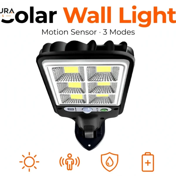 Solar wall light with motion sensor – single black outdoor LED light, front view