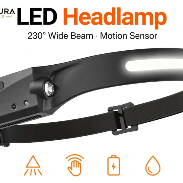 LED headlamp rechargeable with 230 degree wide COB beam and motion sensor – front view