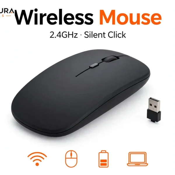 Wireless mouse 2.4GHz silent click in black with USB nano receiver