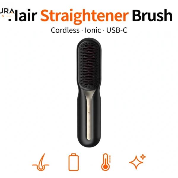 Cordless hair straightener brush in black – ionic heated comb, front view