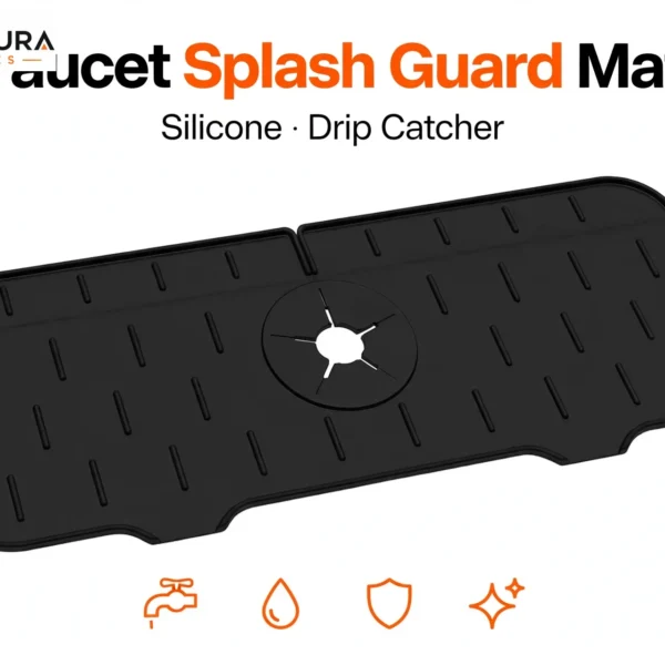 Silicone faucet splash guard mat in black with star-cut centre hole – top view