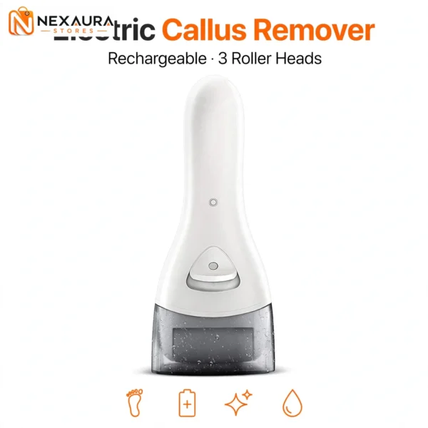 Electric callus remover rechargeable in white with dust collection chamber – front view