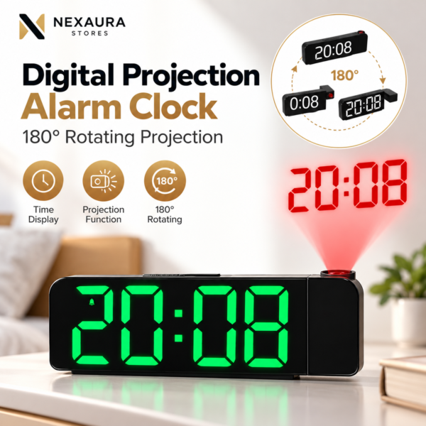 Digital Projection Alarm Clock – 180° Rotating Projector with Auto Light