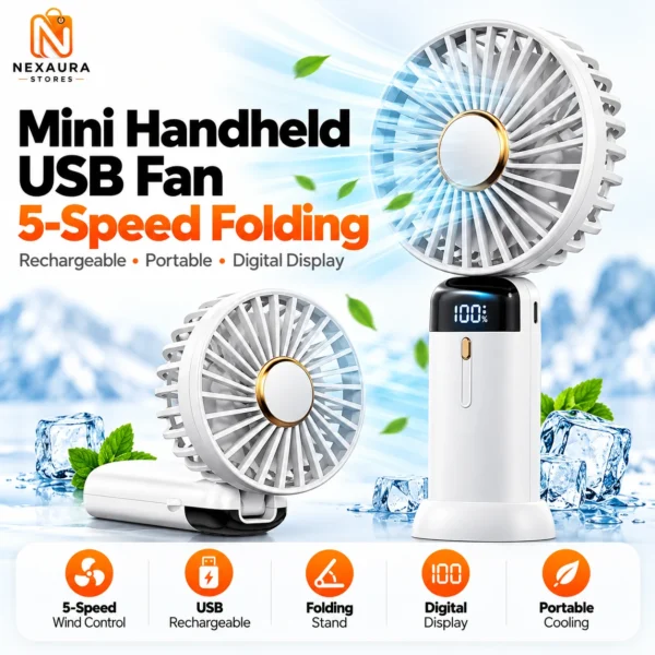 Mini Handheld USB Rechargeable Fan – Folding 5-Speed, 190 g