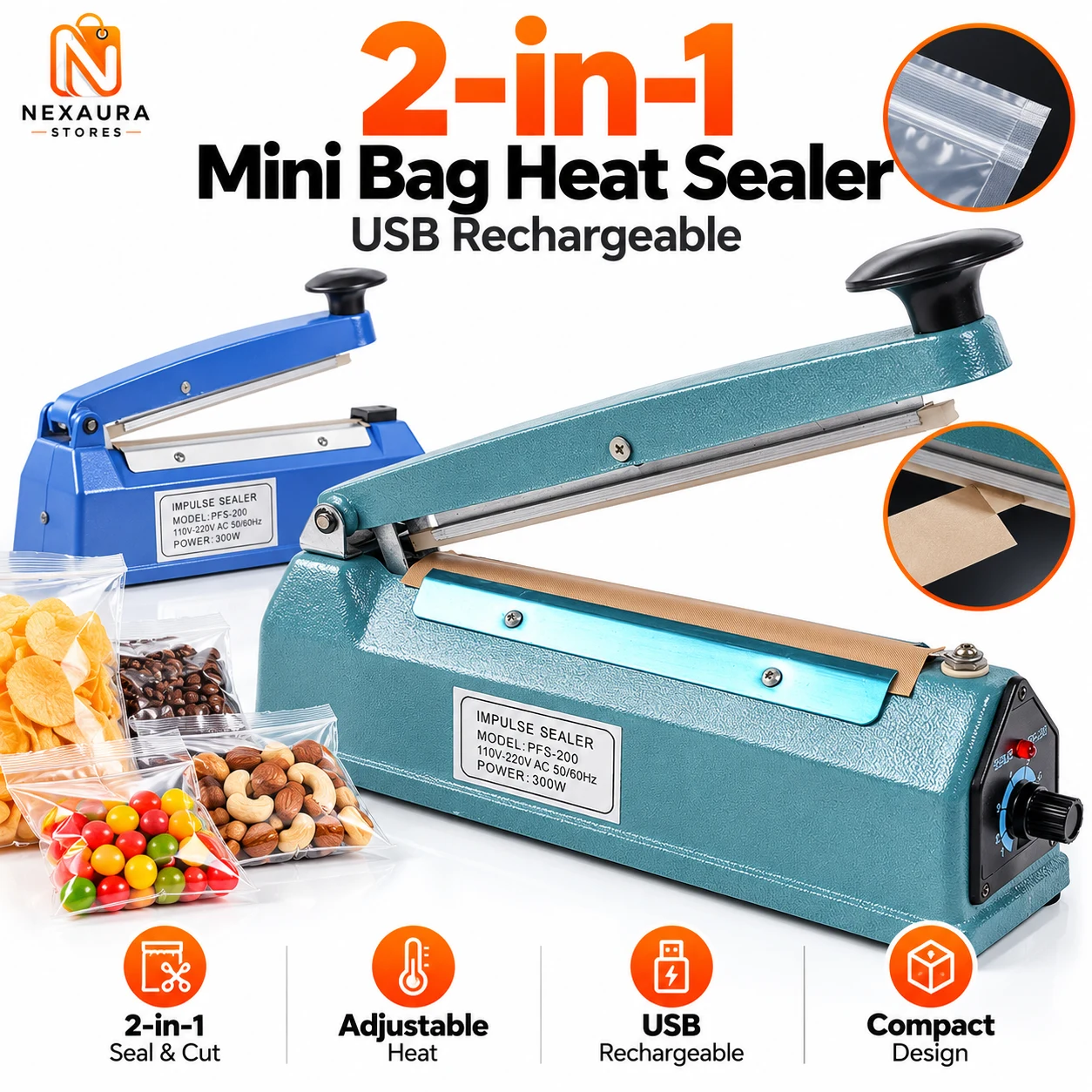 Mini bag heat sealer for resealing opened food bags