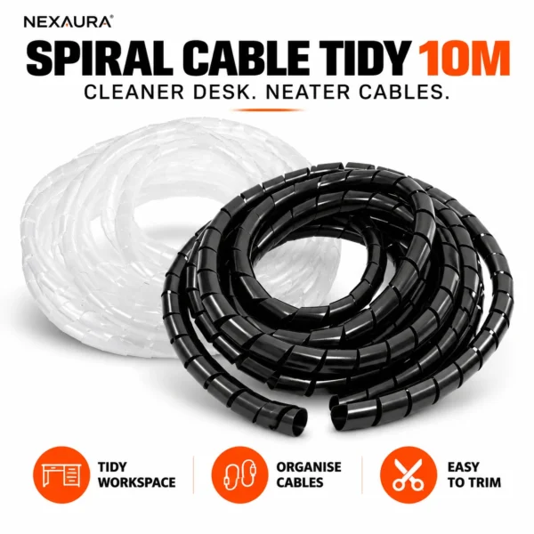 Spiral Wrap Cable Tidy 10m – Desk Cable Organiser with Threading Tool, Black