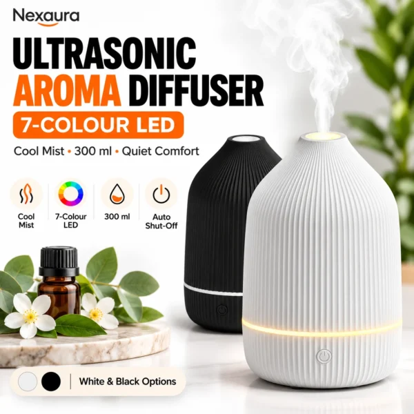 Ultrasonic Aroma Diffuser – Cool Mist Humidifier with 7-Colour LED, 300 ml