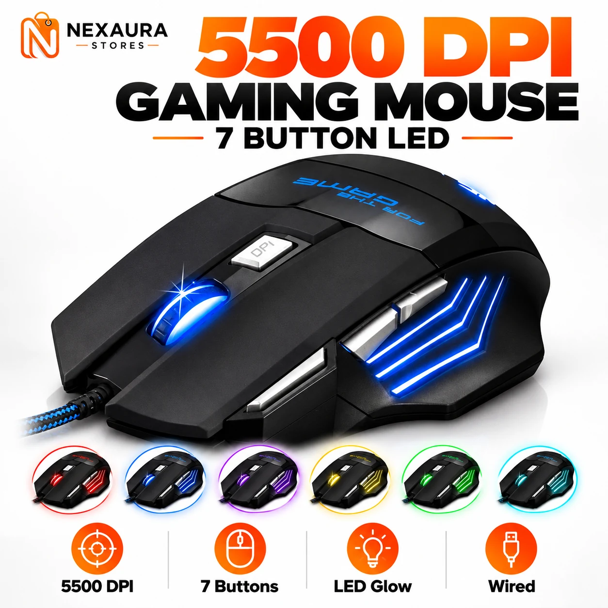 5500 DPI gaming mouse with seven buttons and LED lighting