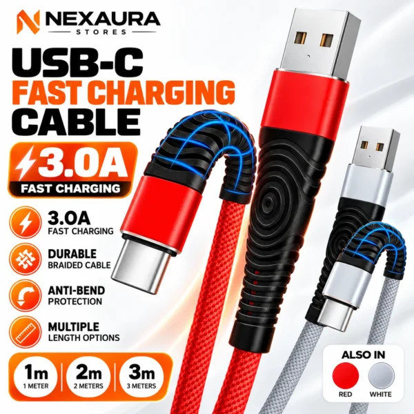 USB-C Fast Charging Cable Braided Nylon 3.0A – 1m/2m/3m