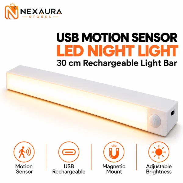 USB Motion Sensor LED Night Light – 30 cm Rechargeable Light Bar