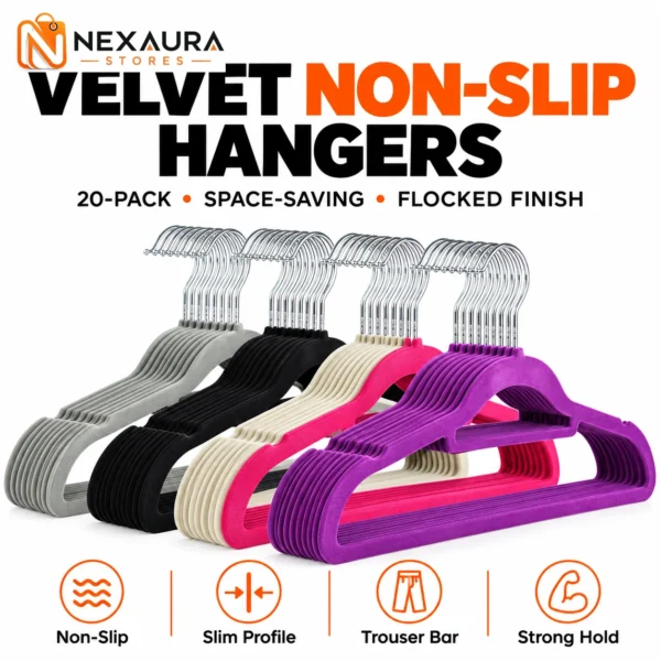 Velvet Non-Slip Hangers 20-Pack – Space-Saving Flocked Coat Hangers with Trouser Bar
