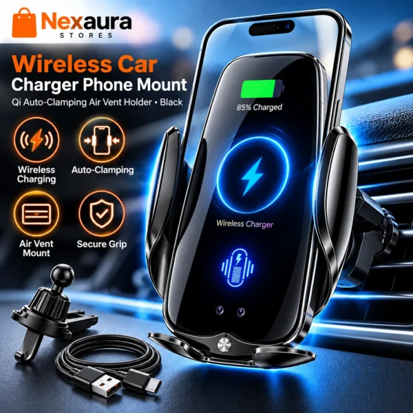 Wireless Car Charger Phone Mount – Qi Auto-Clamping Air Vent Holder, Black