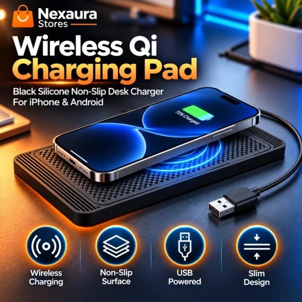 Wireless Qi Charging Pad – Black Silicone Non-Slip Desk Charger for iPhone & Android