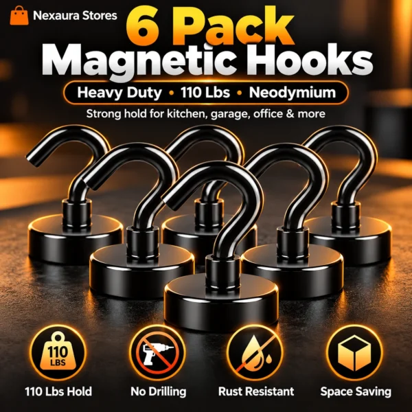 6 Pack Magnetic Hooks Heavy Duty – 110 Lbs Neodymium Magnet Hooks