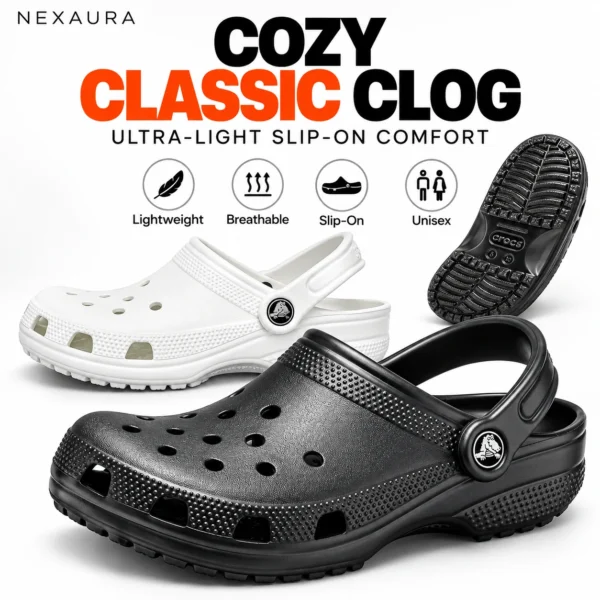 Unisex Black/White Cozy Classic Clog Ultra-Light Slip-On Shoes Free Ship U-S-A