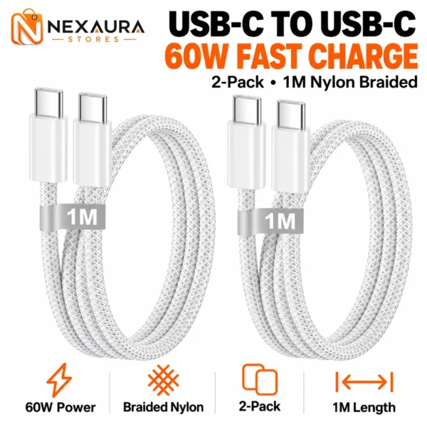 USB-C to USB-C Fast Charging Cable 2-Pack – 1M Nylon Braided, 60W