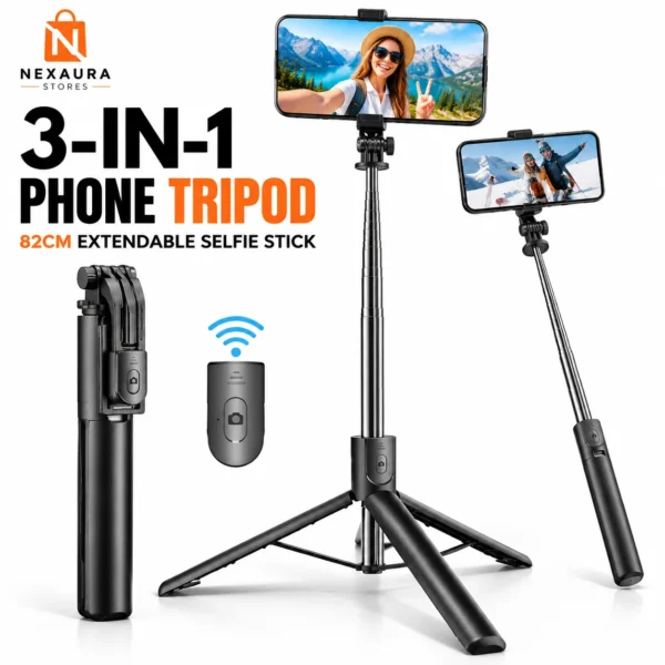 Phone Tripod with Bluetooth Remote – Extendable Selfie Stick, 82cm