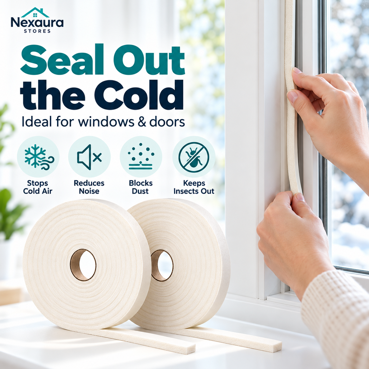 Self-adhesive foam draught excluder tape fitted around a window frame