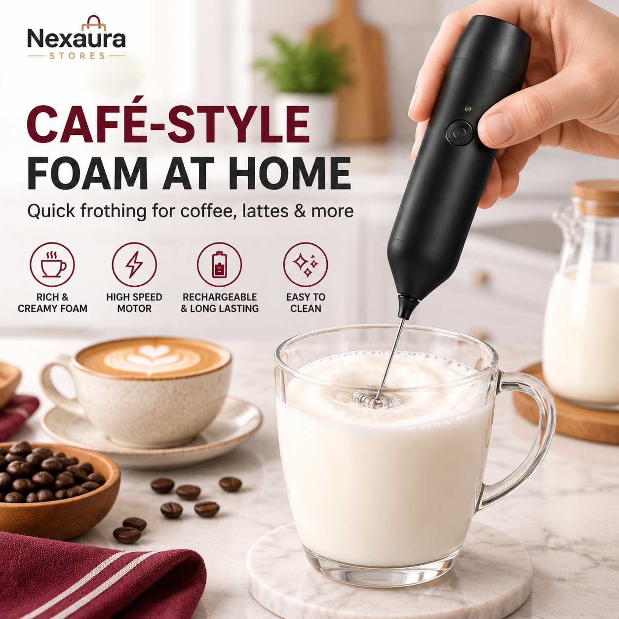 Handheld electric milk frother making cafe-style foam