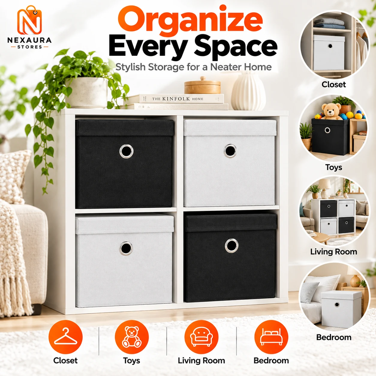 Foldable fabric storage cube boxes with lids under a sink