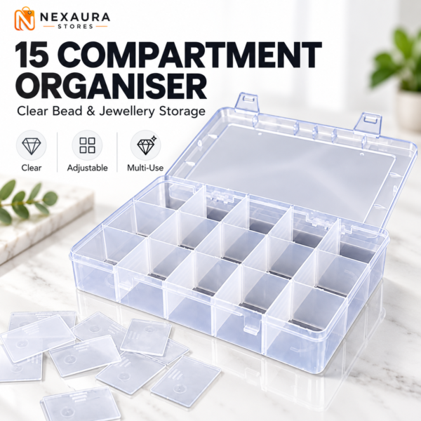 Bead & Jewellery Organiser Box – 15 Adjustable Compartments, Clear Plastic Storage