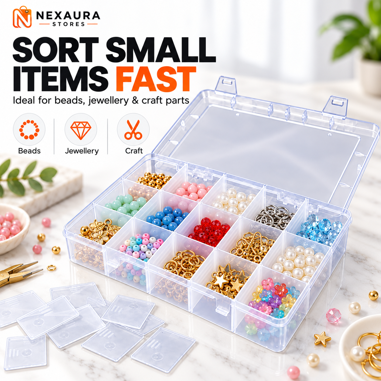 Clear compartment organiser box for small bathroom items