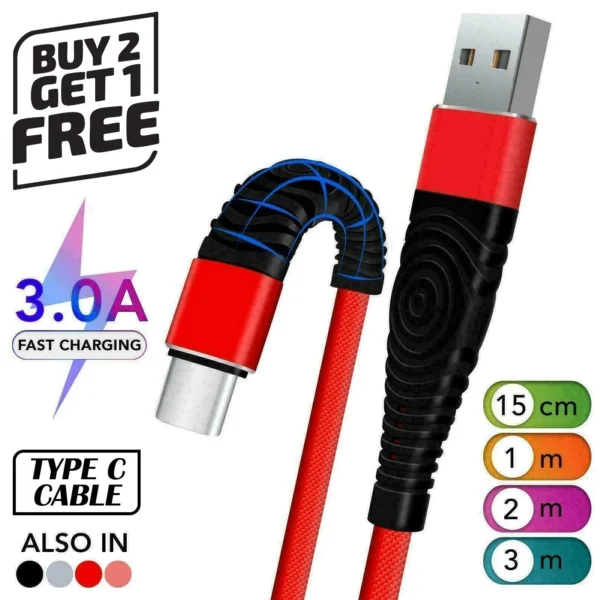 USB-C Fast Charging Cable Braided Nylon 3.0A – 1m/2m/3m