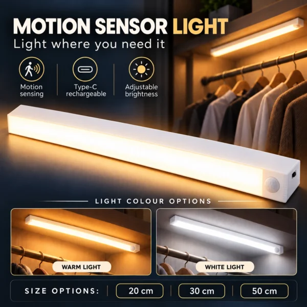 USB Motion Sensor LED Night Light – 30 cm Rechargeable Light Bar