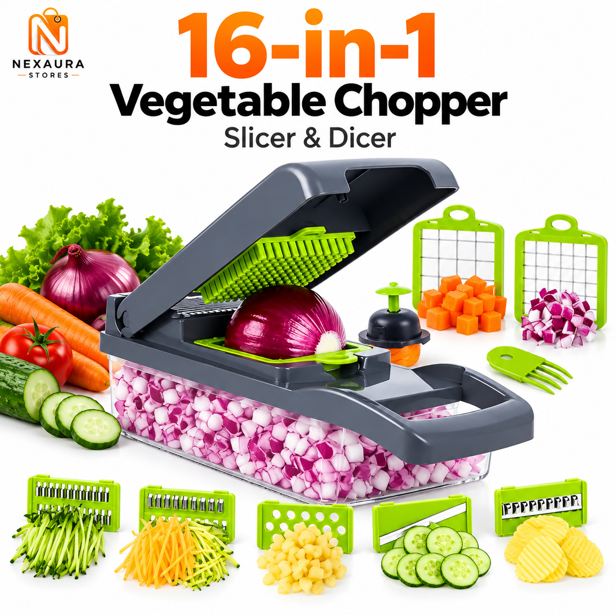 16-in-1 vegetable chopper with interchangeable blades