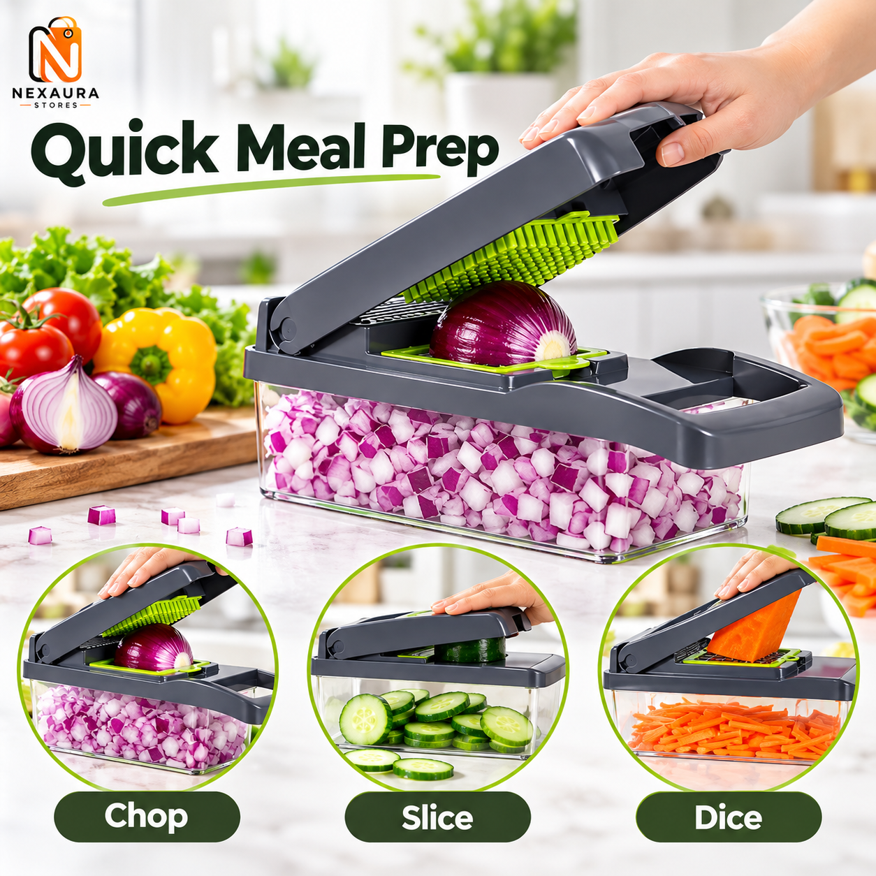 Using the 16-in-1 vegetable chopper to dice vegetables into a container