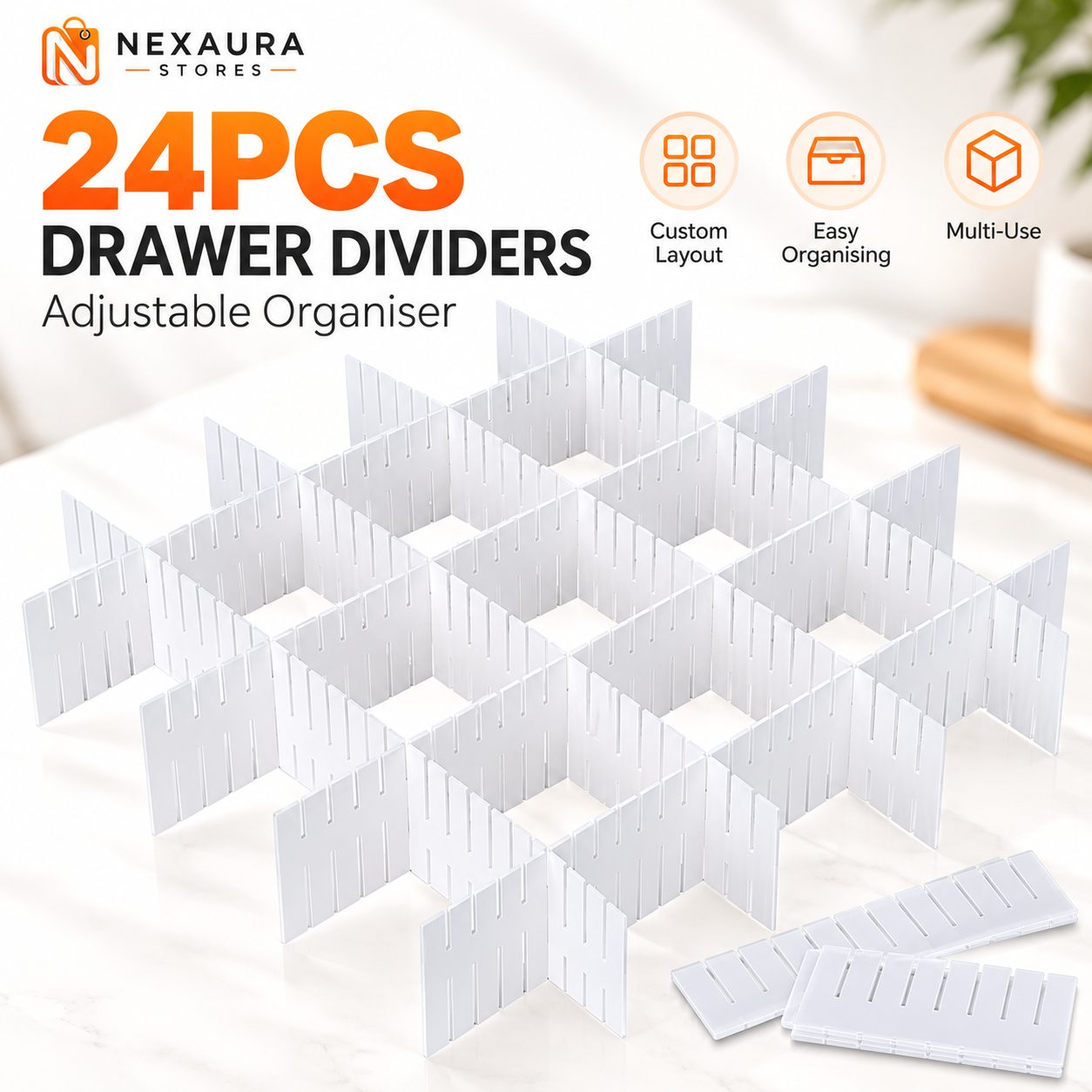 Adjustable drawer dividers organising a kitchen drawer