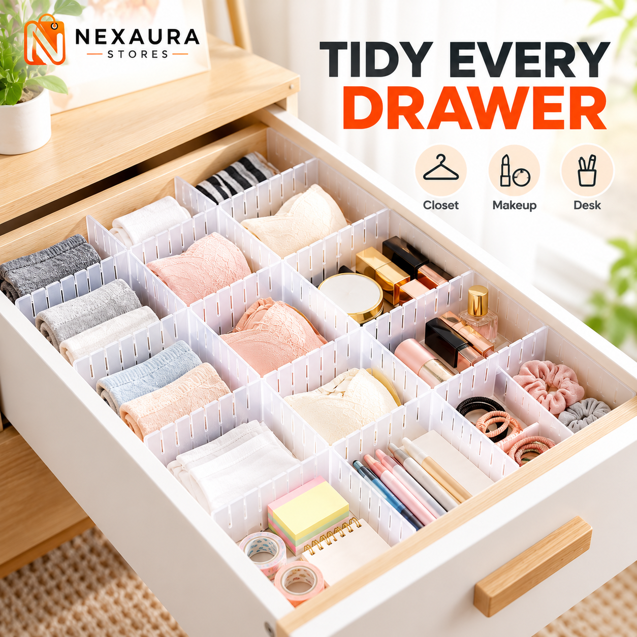 Adjustable drawer dividers organising a bathroom drawer