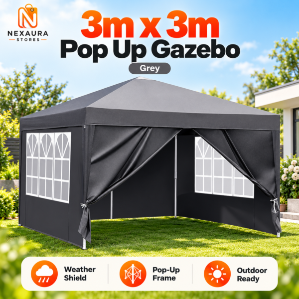 3m x 3m Pop-Up Gazebo – Heavy Duty Waterproof Garden Party Tent, Grey