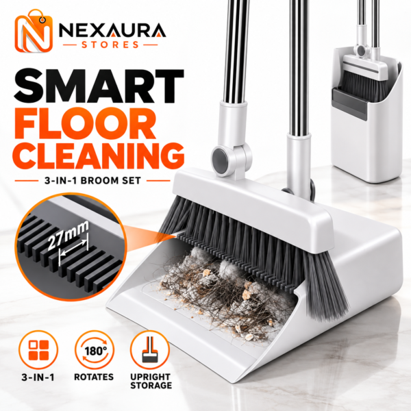 3-in-1 Broom and Dustpan Set – 180° Rotatable Head, Telescopic Handle with Hair Scraper