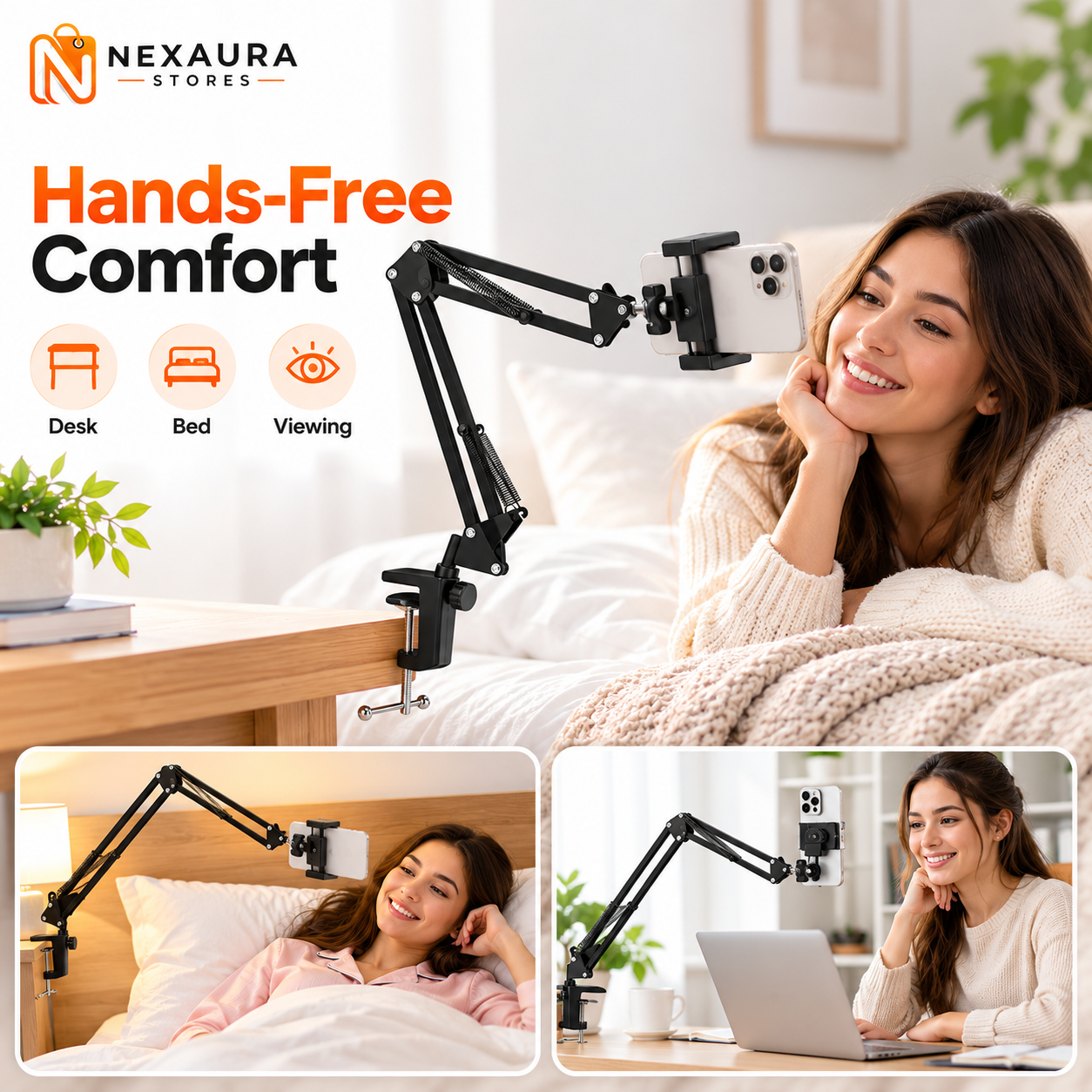 Flexible gooseneck phone holder clamped to a bedside table holding a phone at eye level