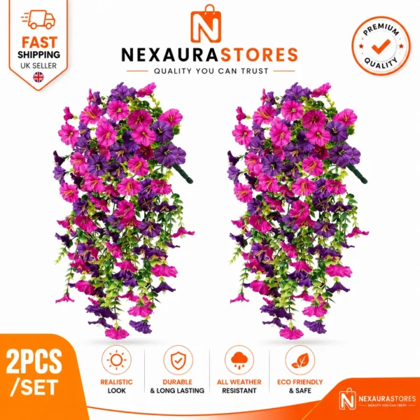 2PCS Artificial Hanging Basket Plants – Silk Flower Vines for Home & Outdoor Decor