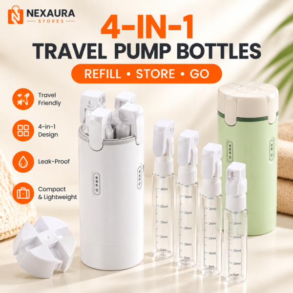 4-in-1 Travel Pump Bottles Set – Refillable Cosmetic Dispenser Containers