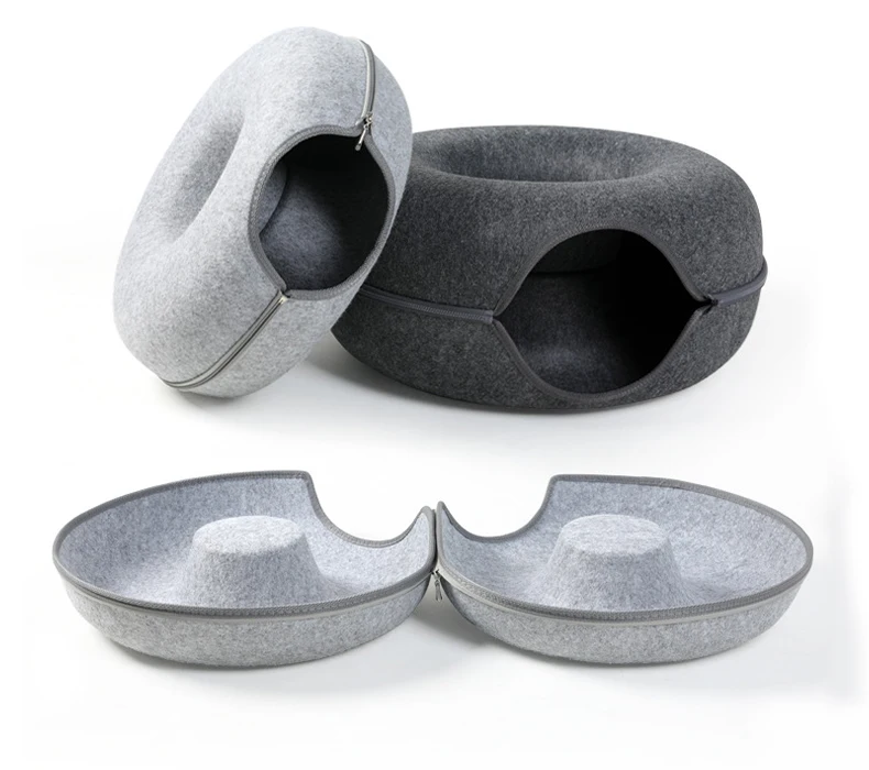 Donut Cat Tunnel Bed – 2-in-1 Felt Hideaway & Lounger, Grey - image 1
