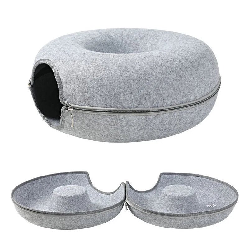 Donut Cat Tunnel Bed – 2-in-1 Felt Hideaway & Lounger, Grey - image 2