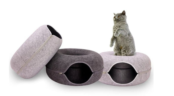 Donut Cat Tunnel Bed – 2-in-1 Felt Hideaway & Lounger, Grey - image 3