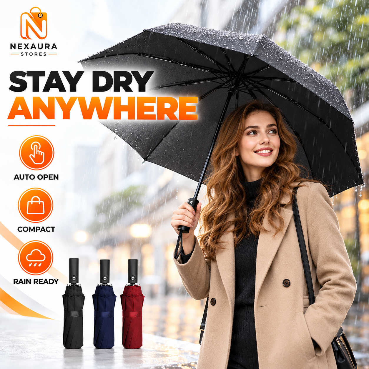 Compact windproof umbrella opening automatically in winter rain
