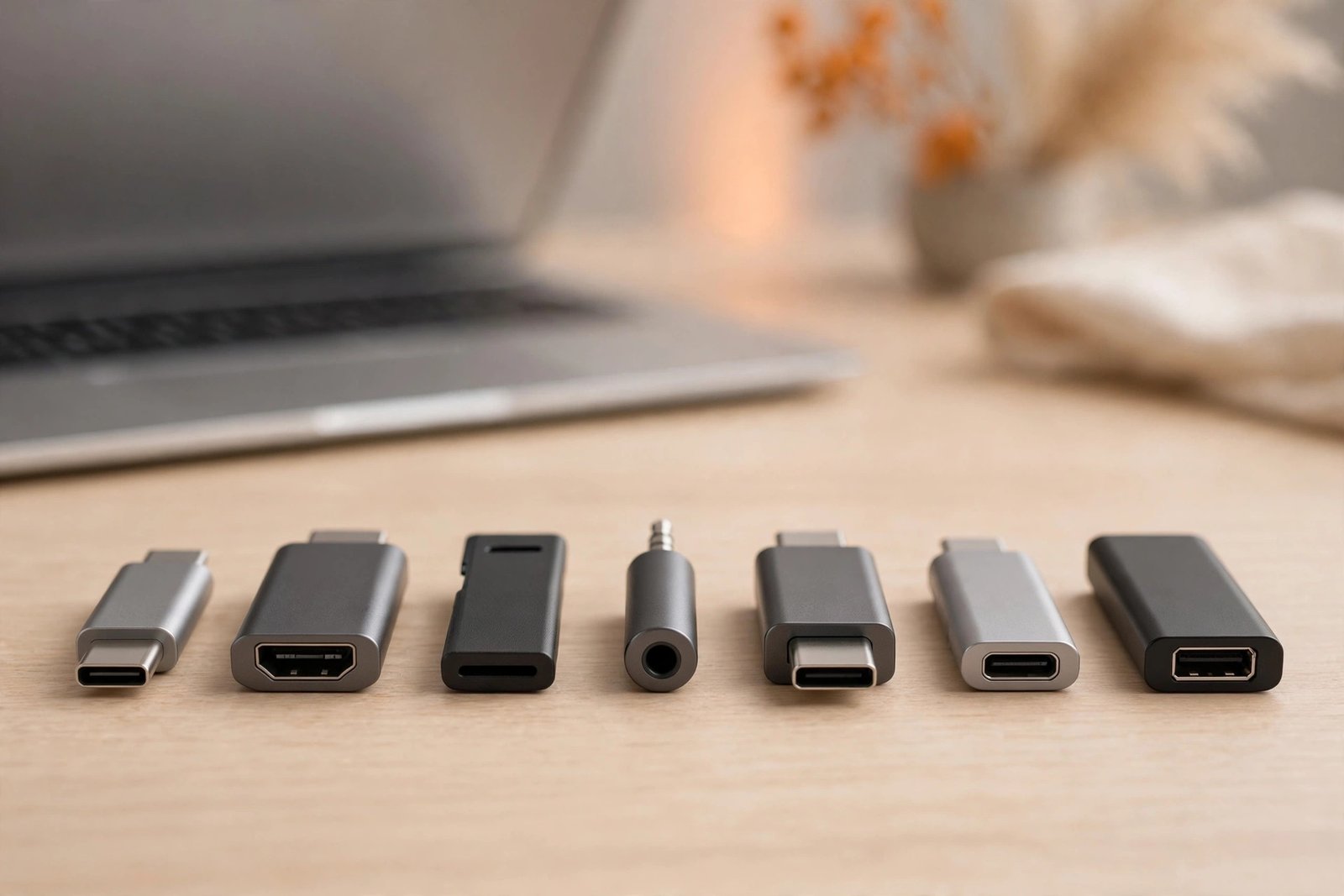 Row of USB-C adapters compared side by side on a wooden desk