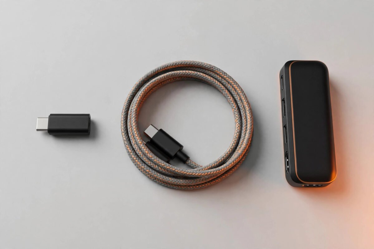 USB-C adapters and braided cable flat lay on a grey background