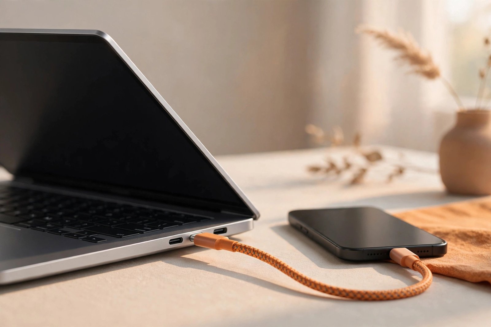 Braided USB-C cable charging a laptop and smartphone on a desk