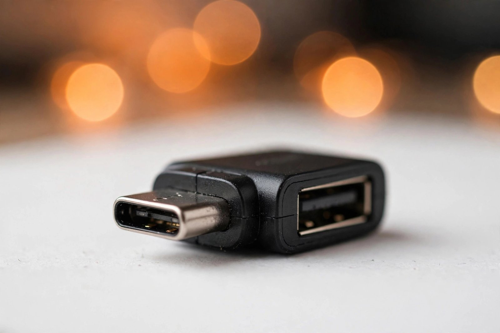 Close-up of a black USB-C to USB-A adapter