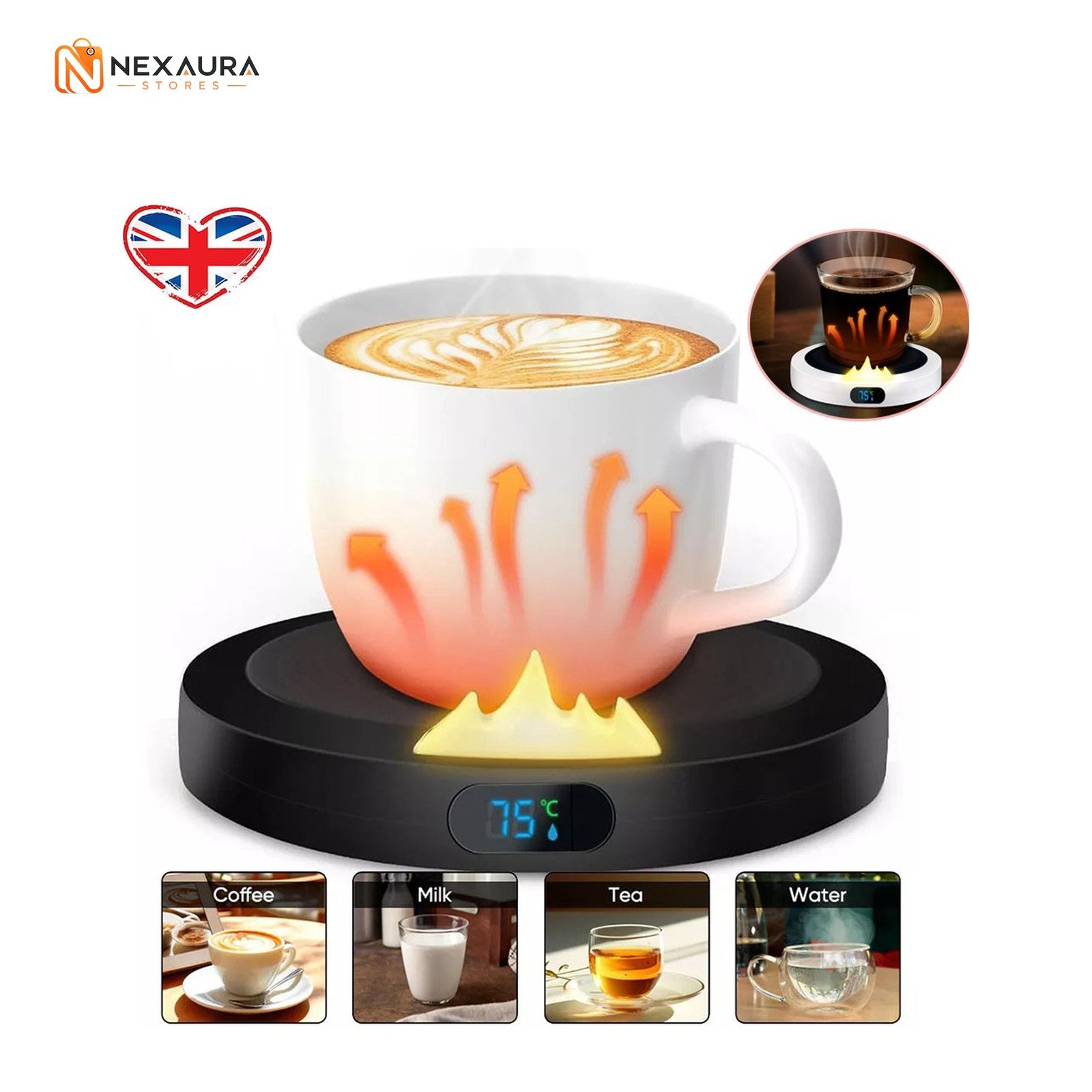 USB mug warmer keeping a coffee mug hot on a desk