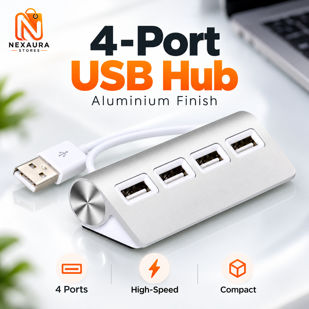 4-port aluminium USB hub for home office connectivity
