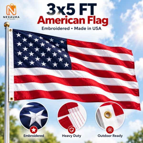 3x5 FT Outdoor Embroidered American Flag Made in USA Luxury Embroidered Star US