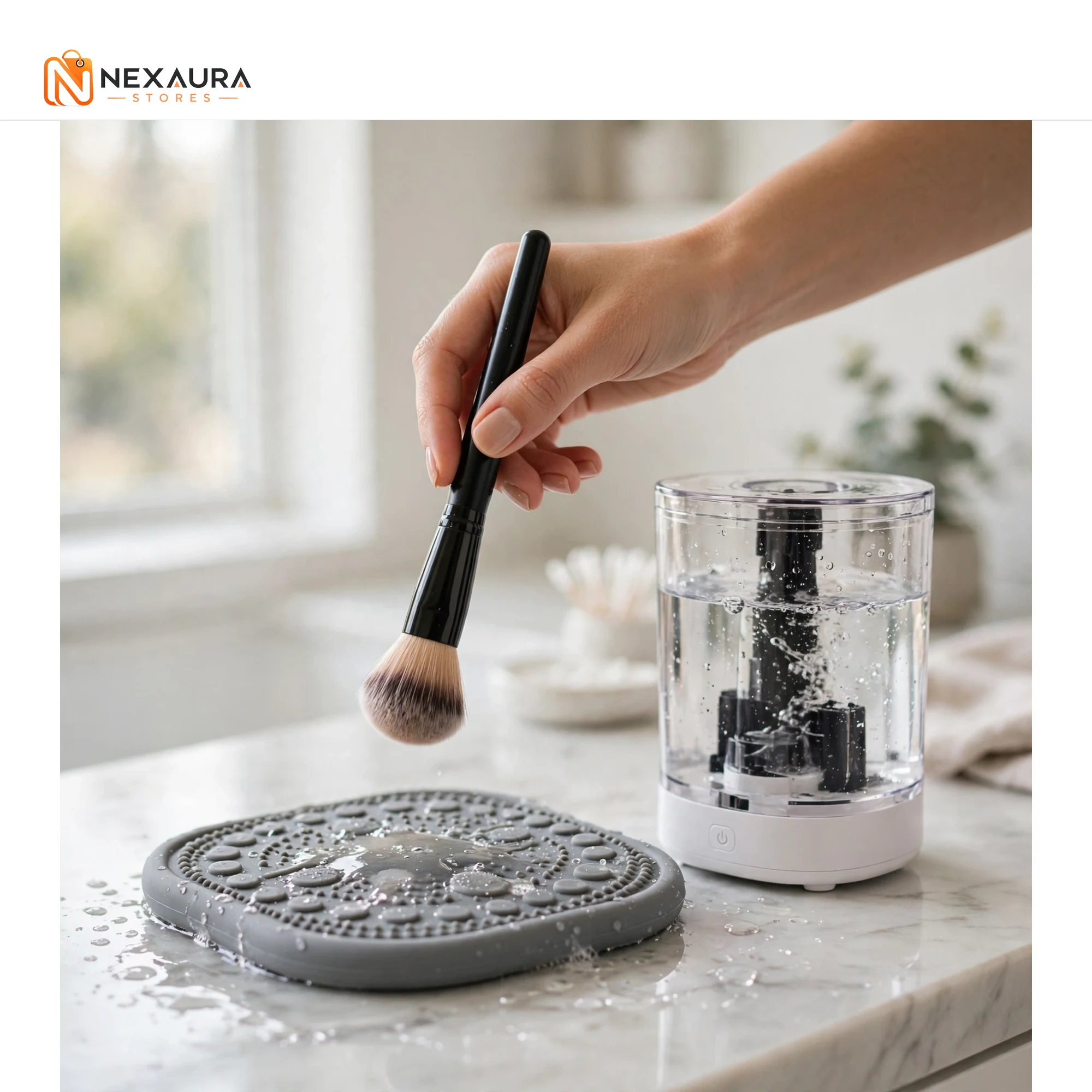 Cleaning a makeup brush with the electric brush cleaner on a vanity