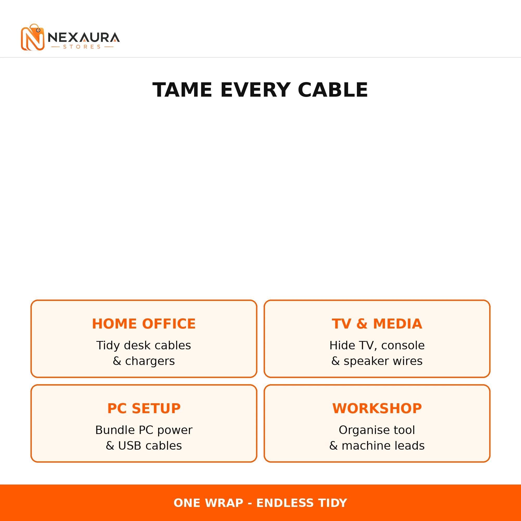 Cable tidy uses for home office, TV, PC and workshop